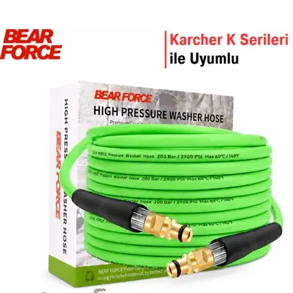 Bear Force Flexible Hortum Karcher K Serisi Uyumlu 10 Metre Basınçlı Yıkama Hortumu 200 Bar 2900 Psı Ultra Esnek